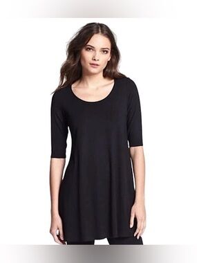 Eileen Fisher Scoop Neck Jersey Tunic Stretchy Knit Black T Shirt - Size Small